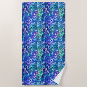 Purple Blue Mint Peacock Feathers Beach Towel