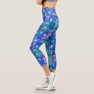 Purple Blue Mint Peacock Feathers Capri Leggings