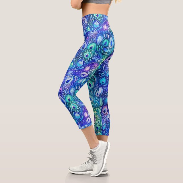 Purple Blue Mint Peacock Feathers Capri Leggings (Left)