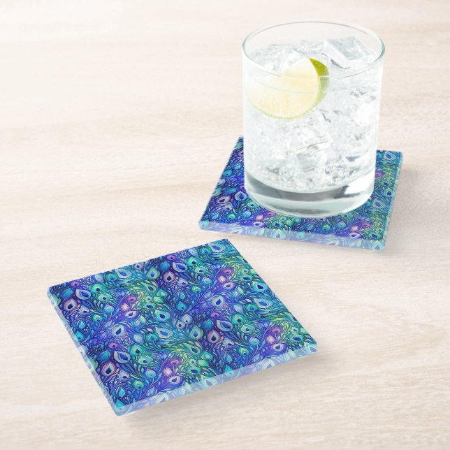 Purple Blue Mint Peacock Feathers Glass Coaster (Angled)