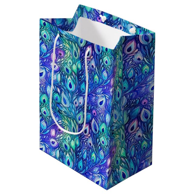 Purple Blue Mint Peacock Feathers Medium Gift Bag (Front Angled)