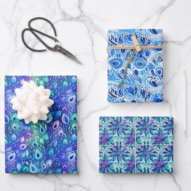 Purple Blue Mint Peacock Feathers Wrapping Paper Sheets (Front)