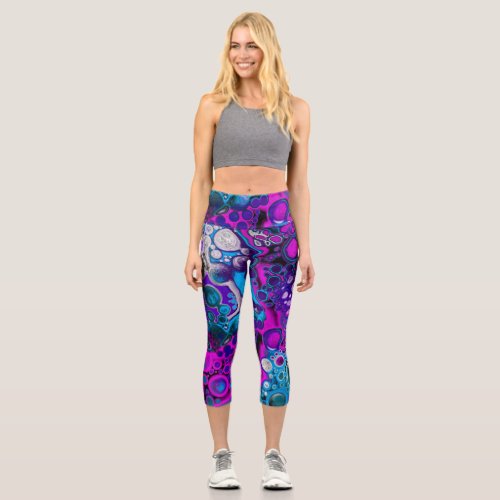 Purple Blue Modern Abstract Fluid Art Marble Cell Capri Leggings