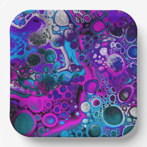 Purple Blue Modern Abstract Fluid Art Marble Cell Paper Plates