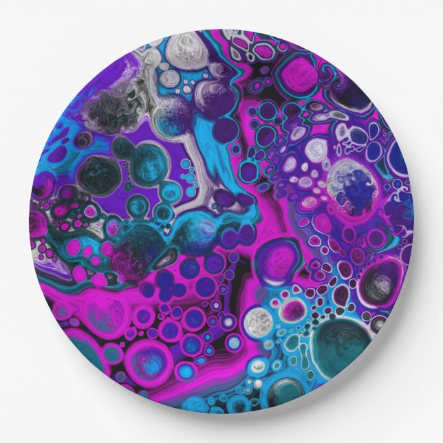 Purple, Blue Modern Abstract Fluid Art Marble Cell Paper Plates (Front)
