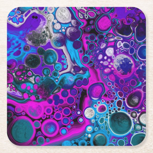 Purple, Blue Modern Abstract Fluid Art Marble Cell Square Paper Coaster (Front)