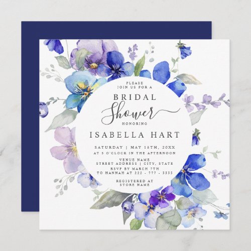 Purple Blue Navy Viola Spring Floral Bridal Shower Invitation