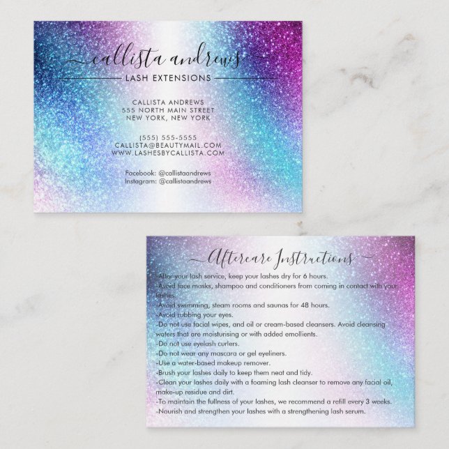Purple Blue Nebula Galaxy Glitter Lashes Aftercare Business Card (Front/Back)