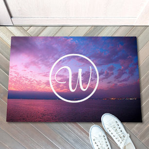 Purple blue ocean sunset photo custom monogram doormat