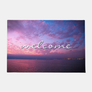 Purple Blue Ocean Sunset Photo Welcome Script  Doormat