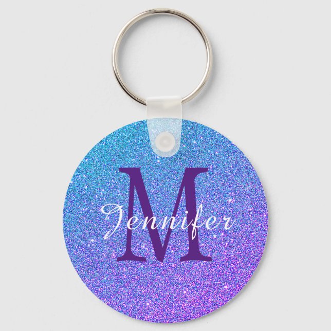 Purple Blue Ombre Glitter Sparkles Monogram Name Keychain (Front)
