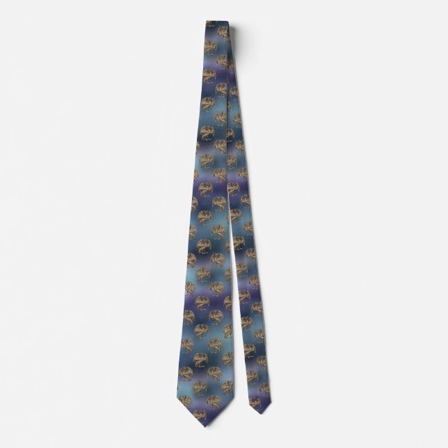 Purple & Blue Ombre Pattern with Gold Dragons Neck Tie (Front)