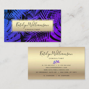Purple blue ombre tropical palm chic gold script business card