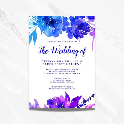 Purple Blue Ombre Watercolor Floral Wedding Invitation