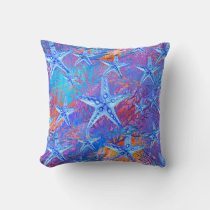 Purple Blue Orange Beachy Seashells Pattern Throw Pillow