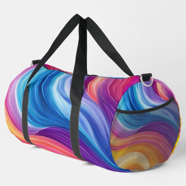 PURPLE BLUE ORANGE YELLOW ABSTRACT WAVES DUFFLE BAG (Right Corner)