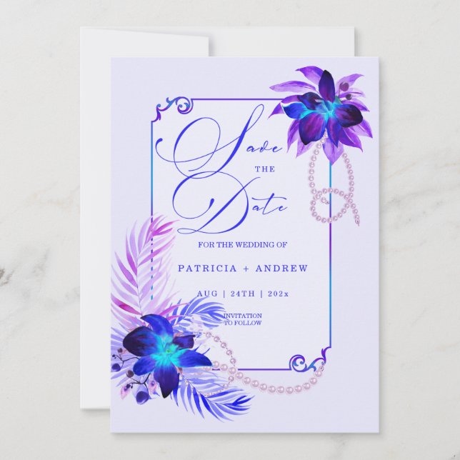 Purple Blue Orchid Wedding Save the Date Invitatio Invitation (Front)