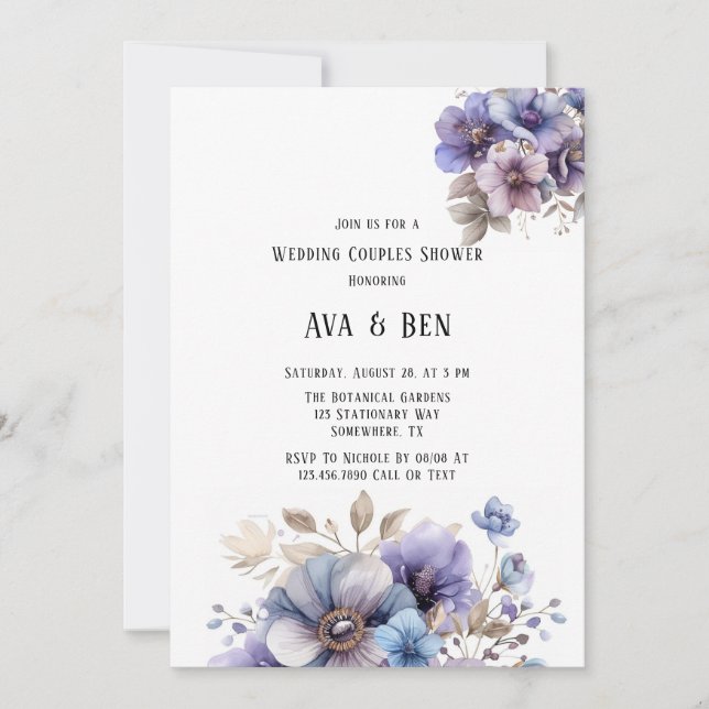 Purple Blue Painted Floral Wedding Couples Shower Invitation (Front)