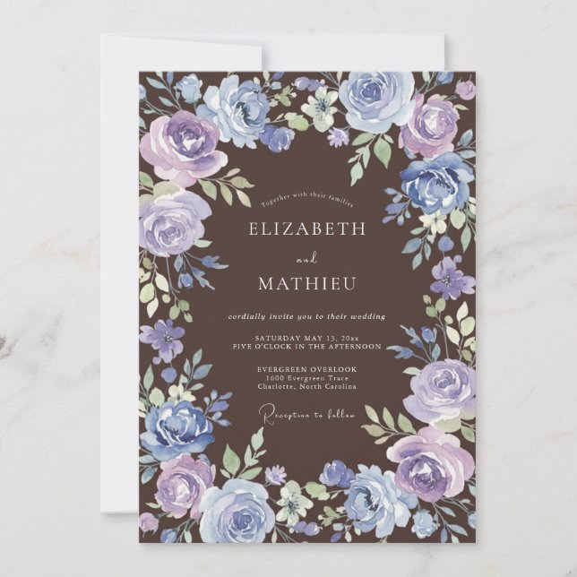 Purple Blue Painterly Floral Wedding Invitation (Front)