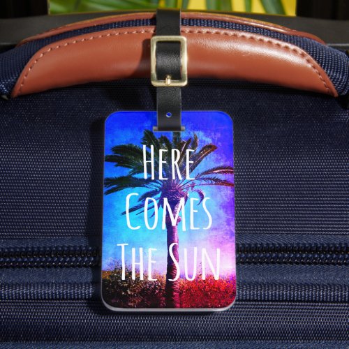 Purple Blue Palm Tree Here Comes the Sun Vintage Luggage Tag