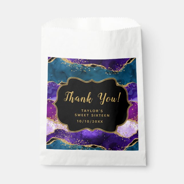 Purple Blue Peacock Agate Sweet Sixteen Thank You Favor Bag (Front)