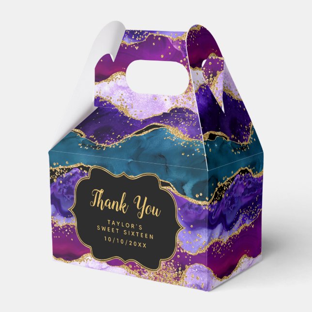 Purple Blue Peacock Agate Sweet Sixteen Thank You Favor Boxes (Front Side)