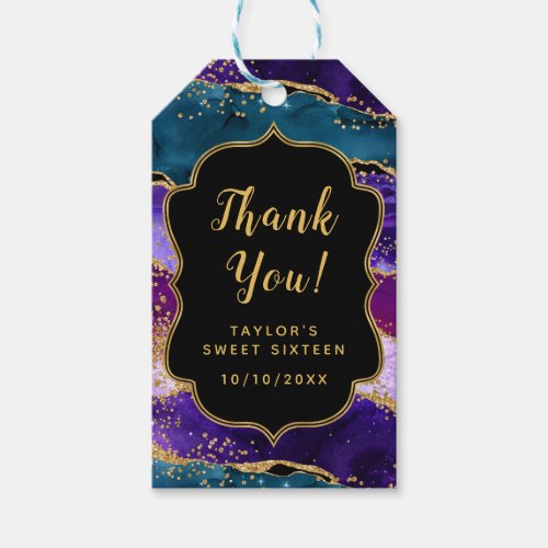 Purple Blue Peacock Agate Sweet Sixteen Thank You Gift Tags
