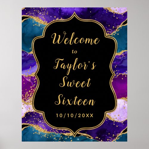 Purple Blue Peacock Agate Sweet Sixteen Welcome Poster