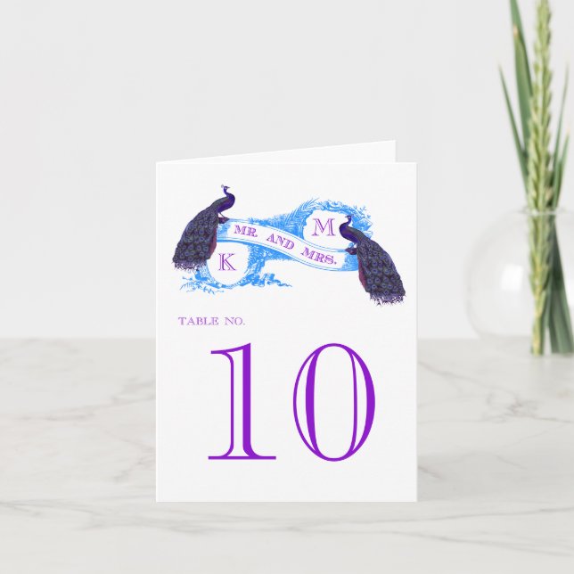 Purple, Blue Peacock Vintage Wedding Table Card (Front)