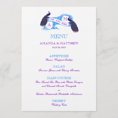 Purple, Blue Peacock Wedding Menu