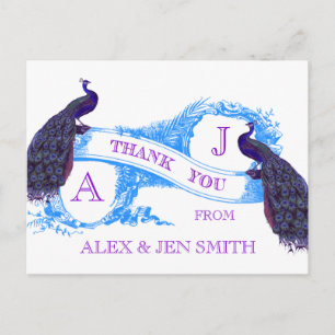Purple, Blue Peacock Wedding Thank You Postcard