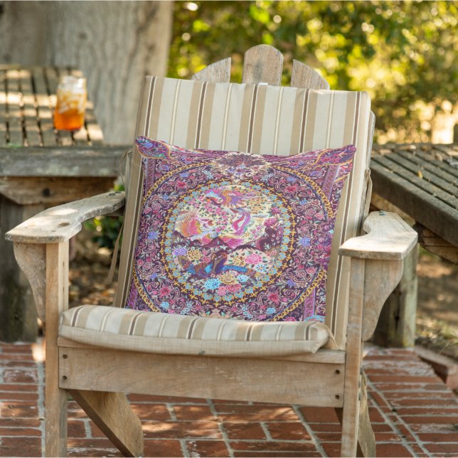 Purple Blue Persian Floral Flowers Peacock Patio  Outdoor Pillow (Chair)