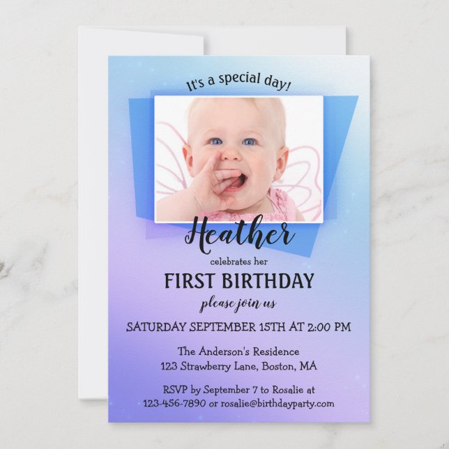 Purple Blue Photo First Birthday Party Invitation (Front)