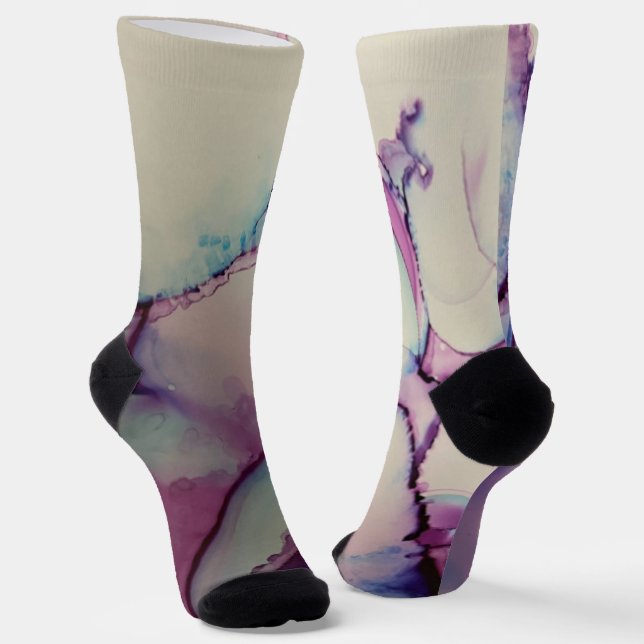 Purple Blue & Pink Abstract Alcohol Ink Liquid Art Socks (Angled)