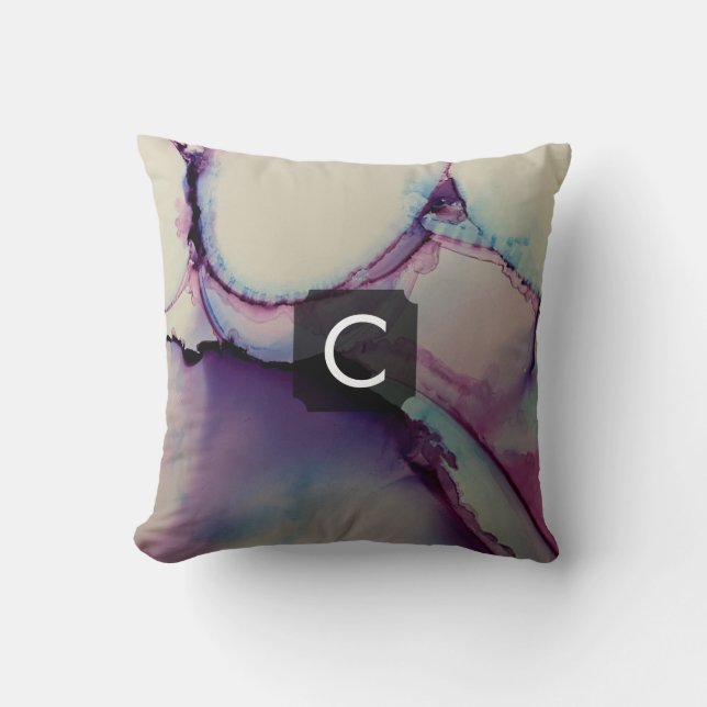 Purple, Blue & Pink Abstract Liquid Art Monogram Throw Pillow (Front)