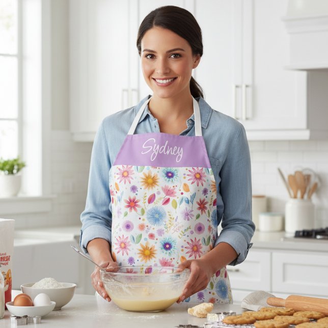Purple Blue Pink Boho Wildflower Personalized  Apron (Creator Uploaded)