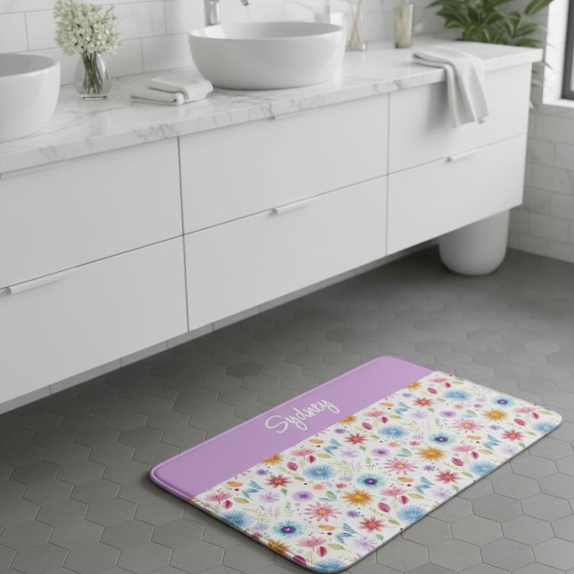 Purple Blue Pink Boho Wildflower Personalized  Bath Mat (Creator Uploaded)