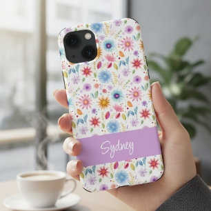 Purple Blue Pink Boho Wildflower Personalized  iPhone 13 Case