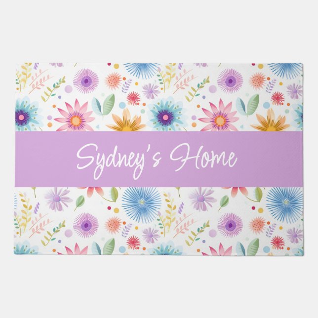 Purple Blue Pink Boho Wildflower Personalized  Doormat (Front)