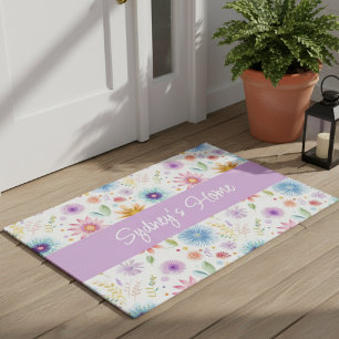 Purple Blue Pink Boho Wildflower Personalized  Doormat