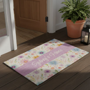 Purple Blue Pink Boho Wildflower Personalized  Fiber Doormat