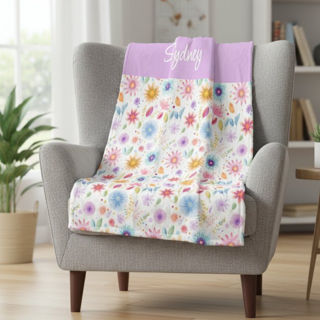 Purple Blue Pink Boho Wildflower Personalized  Fleece Blanket (Creator Uploaded)