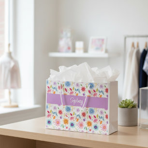 Purple Blue Pink Boho Wildflower Personalized  Large Gift Bag