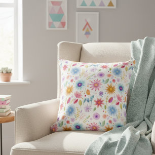 Purple Blue Pink Boho Wildflower Throw Pillow