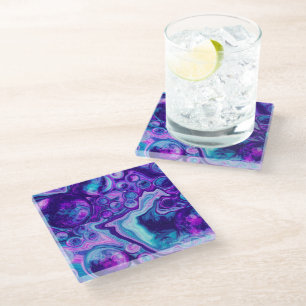Purple, Blue, Pink Bokeh Marble Fluid Art Glass Coaster