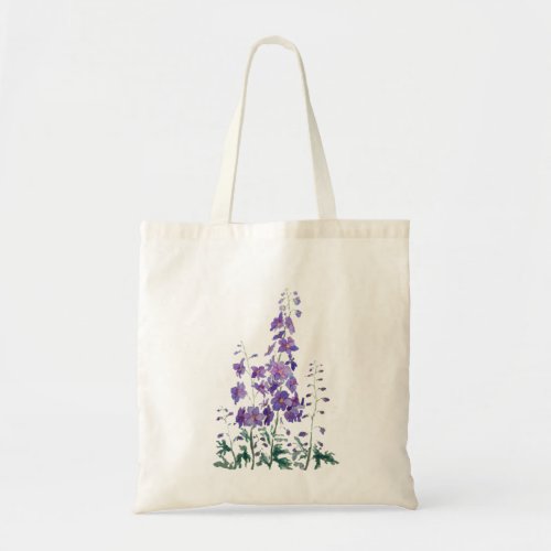 purple blue pink delphinium watercolor tote bag
