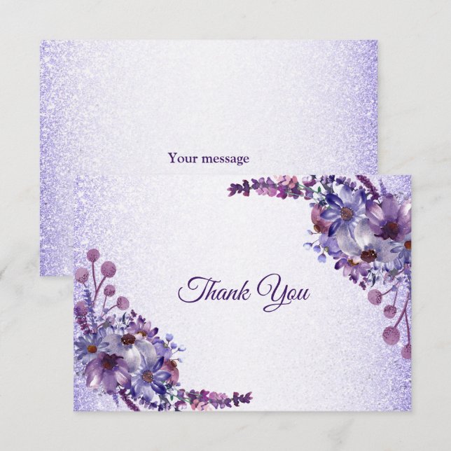 Purple Blue Pink Floral Glitter Elegant Wedding Thank You Card (Front/Back)