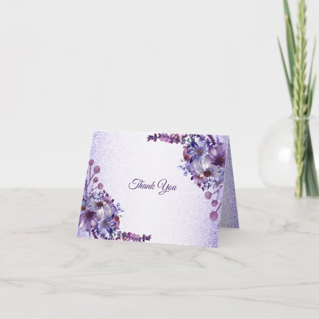 Purple Blue Pink Floral Glitter Elegant Wedding Thank You Card (Front)