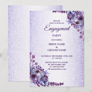 Purple Blue Pink Floral Glitter Engagement Party Invitation