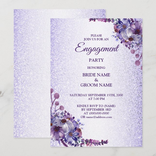 Purple Blue Pink Floral Glitter Engagement Party Invitation (Front/Back)